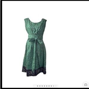 Lafayette 148 Linen Belted Green Brown Embroidered Beaded Midi Dress Preppy Sz 6